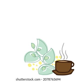 cup of hot tea with green leaf illustration on white background. hand drawn vector. blank space template. doodle art for logo, label, greeting and invitation card, poster, banner. healthy drink. 