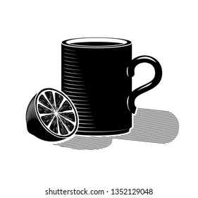A cup of hot tea and half a lemon. Black drawing on white background