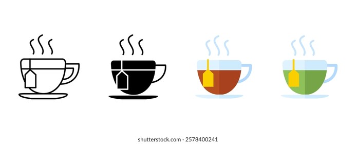 Cup of hot tea icon. Tea bag in a mug symbol. Green, herbal and black tea in drinking glass sign. Breakfast symbol.