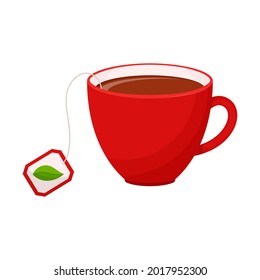 A cup of hot tea with a label from a teabag with a leaf on it. An invigorating drink in a red mug. Flat cartoon style, isolated on a white background.Color vector illustration.