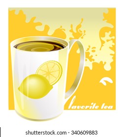 Cup of hot tea with leaves with lemon