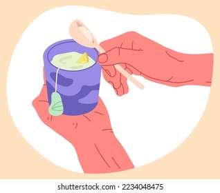 Cup of hot tea with lemon. Cartoon hand holding hot beverage, tea cup in hand isolated flat vector illustration on white background