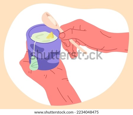 Cup of hot tea with lemon. Cartoon hand holding hot beverage, tea cup in hand isolated flat vector illustration on white background