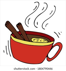 taza de té caliente con limón y canela, bebida caliente caliente en invierno, doodles de invierno bonitos, conjunto vectorial de elementos de estilo doodle