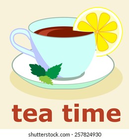 A cup of hot tea with lemon and mint. Vector.