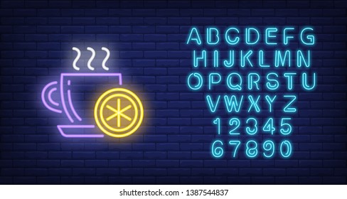 Cup of hot tea with lemon neon sign. Breakfast, morning concept. Advertisement design. Night bright neon sign, colorful billboard, light banner. Vector illustration in neon style.