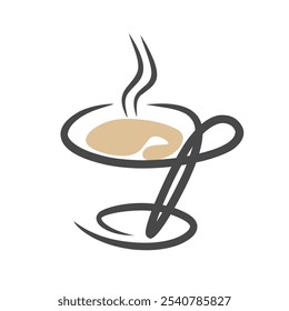 Cup of hot tea in line art style. Vector illustration isolated on white background.