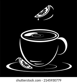 Cup of hot tea on plate with lemon slices logo on black background