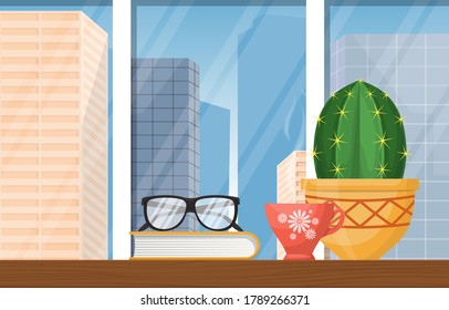 A Cup of Hot Tea on Table with Books City Skyscraper Illustration