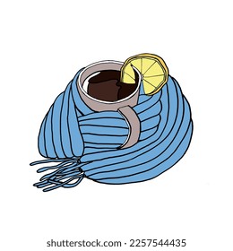 Cup of hot tea with a slice of lemon. A mug of a warming drink in a warm cozy scarf. Vector illustration in the style of doodles.