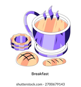 Una taza de té caliente con bocadillos, desayuno en diseño isométrico
