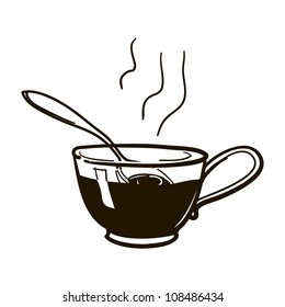 Cup of hot tea with a spoon. A children's sketch