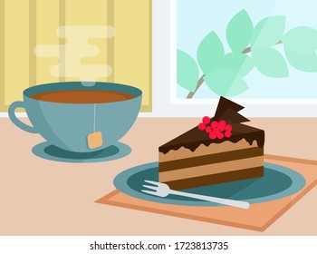 Cup of a hot tea with a tasty delicious peace of a chocolate cake. sweet breakfast. Yummy pie. Vector illustration 