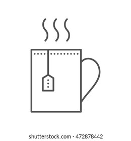 Cup with hot tea and teabag. Mug with herbal beverage. Vector flat icon. Illustration isolated on white background. Thin line style.