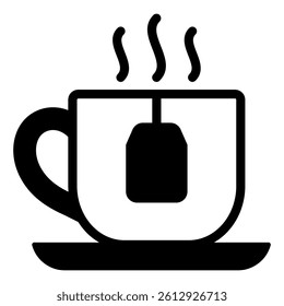Cup of hot tea with teabag solid icon, floral garden tea drinks concept. Vector graphics. Ceramic cup on plate sign on white background, glyph style mobile or design