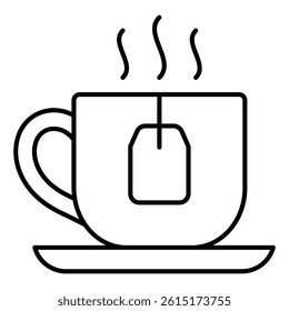 Cup of hot tea with teabag thin line icon, floral garden tea drinks concept. Vector graphics. Ceramic cup on plate sign on white background, style mobile or design
