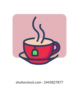 Cup of hot tea thin line icon. Teabag, steam, saucer, porcelain outline sign. Breakfast drink or cafe concept. Vector illustration symbol element for web design and apps