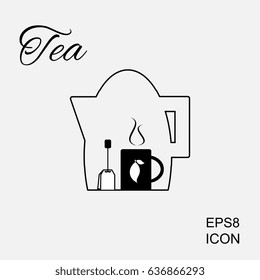 Cup of Hot Tea Vector Icon and Tea Bag Pictogram. Kettle or Teapot Illustration