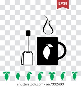 Cup of Hot Tea Vector Icon and Teapot Pictogram with Green Leaves Collection