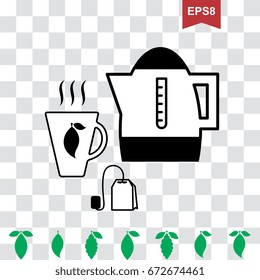 Cup of Hot Tea Vector Icon and Teapot Pictogram with Green Leaves Collection