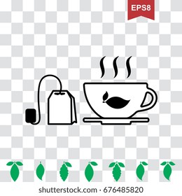 Cup of Hot Tea Vector Icon and Teapot Pictogram with Green Leaves Collection
