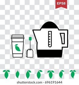 Cup of Hot Tea Vector Icon and Teapot Pictogram with Green Leaves Collection
