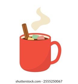 cup of hot winter, christmas drink; cocoa with marshmallows and cinnamon stick- vector illustration