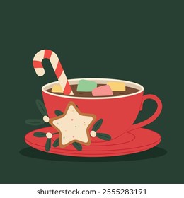 cup of hot winter, christmas drink; cocoa with marshmallows and candy cane- vector illustration