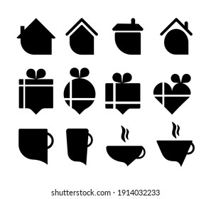 Cup, house and gift box location label. Icon set with speech bubble. Cup, gift box and house in various forms. Writing area label. Design in silhouette form. Editable drawing. Various icon set. 