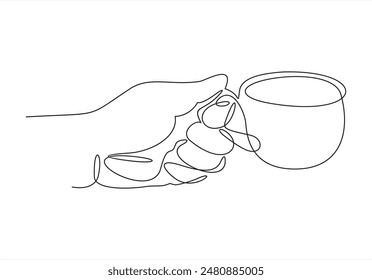 Cup in human hand. Tea or coffee drink in continuous line art drawing style. Black linear design isolated on white background. Vector illustration