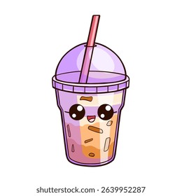 The cup of ice coffee in kawaii style. The cup is purple, with a transparent dome lid, a pink straw, big round eyes and a small smiling mouth. Cute vector illustration in cartoon style. Summer drinks.