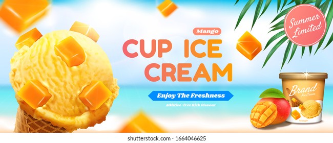 Cup ice cream banner ads with fruit topping ice cream cone on bokeh summer beach background in 3d illustration