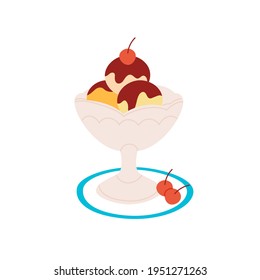 Cup of ice cream with chocolate dressing and cherries with isolated vector illustration. Sweet desert design element. 