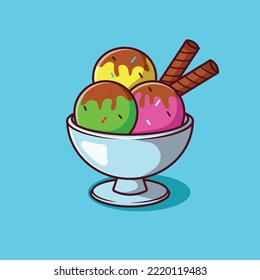 A cup of ice cream with chocolate stick cartoon illustration. Ice cream with chocolate vector design. Food vector illustration