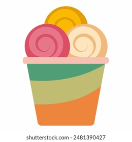 A cup of ice cream with three different flavors inside