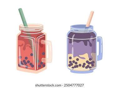 Cup of ice milk milkshake in glasses with handles. Vector isolated set of bubble tea, coffee drink. Summer chocolate or fruit flavors tasty beverages for summertime. Mugs with straws and decor