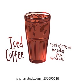 cup of Iced Coffee on white background with typography, hand drawn illustration