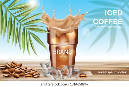 A cup with iced coffee surrounded by ice cubes and roasted beans. Best for summer days. Place for text. 3D mockup product placement. Vector