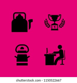 cup icon. 4 cup set with first prize trophy, milk, man in office desk with computer and tea vector icons for web and mobile app