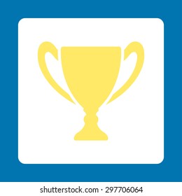 Cup icon from Award Buttons OverColor Set. Icon style is yellow and white colors, flat rounded square button, blue background.