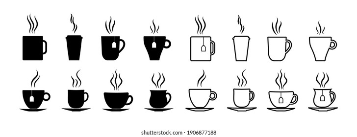Cup Icon For Coffee And Tea. Cup Silhouette For Cafe. Hot Espresso, Latte, Cappuccino In Mug. Graphic Logo For Coffee Or Tea Takeaway. Black Symbol With Steam, Smoke And Aromatic. Vector.