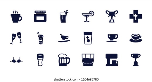 Cup icon. collection of 18 cup filled icons such as coffee, bra, trophy, glasses clink, drink, cocktail, beer mug, coffee machine. editable cup icons for web and mobile.