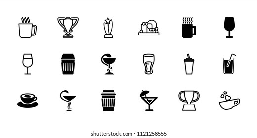 Cup icon. collection of 18 cup filled and outline icons such as cocktail, drink, medicine, mug, cocktail, baby toy, trophy. editable cup icons for web and mobile.