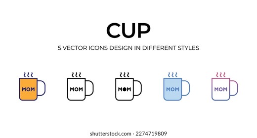 cup Icon Design in Five style with Editable Stroke. Line, Solid, Flat Line, Duo Tone Color, and Color Gradient Line. Suitable for Web Page, Mobile App, UI, UX and GUI design.