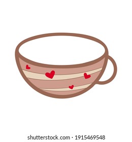 Cup icon, hearts shape, cartoon doodle style, beige red pastel colours. Cute decoartive element for creative web projects. White background, vector illustration