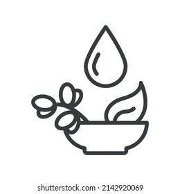 Cup icon with herbs and oils. A simple line drawing of various herbs for alternative medicine. Folk medicines. Vector over white background.