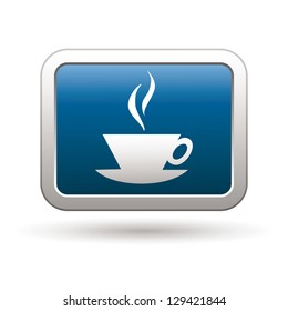 Cup icon on the blue with silver rectangular button. Vector illustration