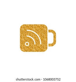 Cup icon with RSS symbol in gold glitter texture. Sparkle luxury style vector illustration.