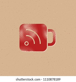 Cup icon with RSS symbol in halftone style. Grunge background vector illustration.