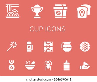 cup icon set. 14 filled cup icons.  Simple modern icons such as: Spaghetti, Trophy, Coffee, Toast, Medal, Sweet, Soup, Thermo, Cricket, Football field, Punching ball, Coffee pot